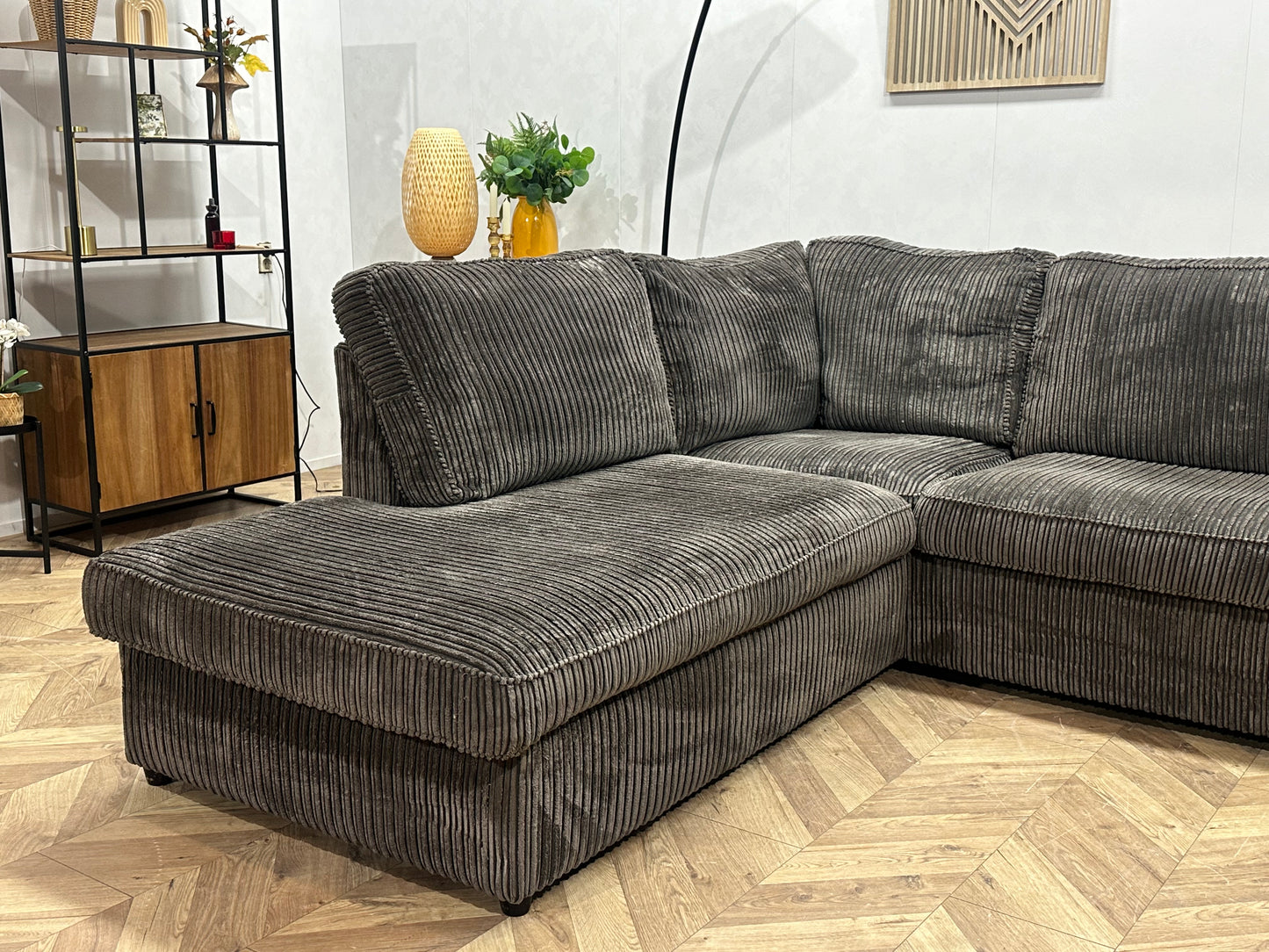 Grijze Ribstof Hoekbank ~ Losse Kussens Met Afneembare Hoezen