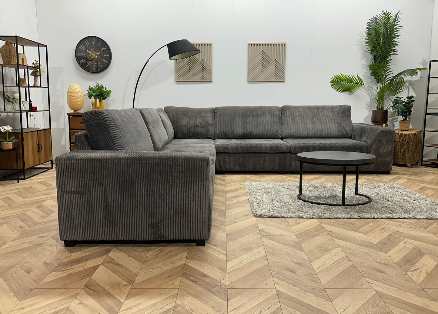 Grijze Ribstof Hoekbank ~ Losse Kussens Met Afneembare Hoezen