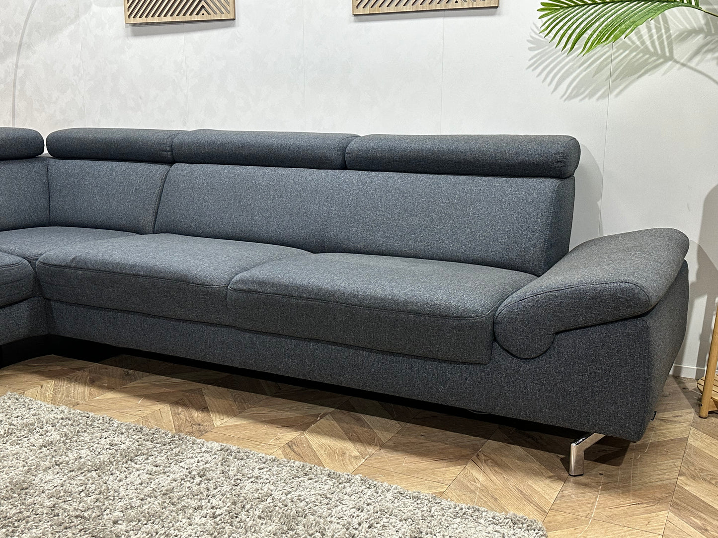 Montèl Blauwe/Grijze Hoekbank ~ Verstelbare Arm/Hoofdsteunen