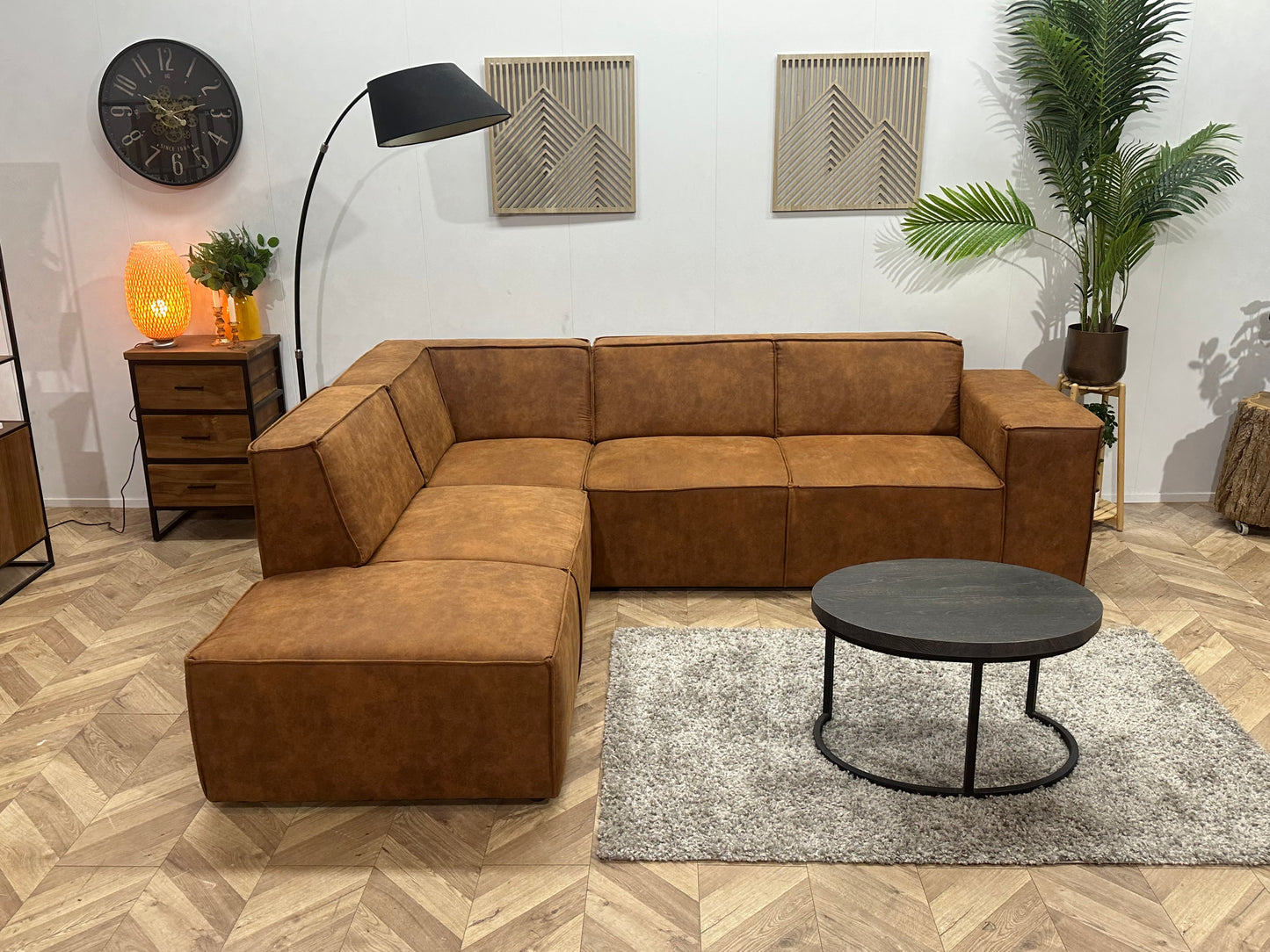 !Showroommodel! Cognac Bruine Suède Stoffen Hoekbank