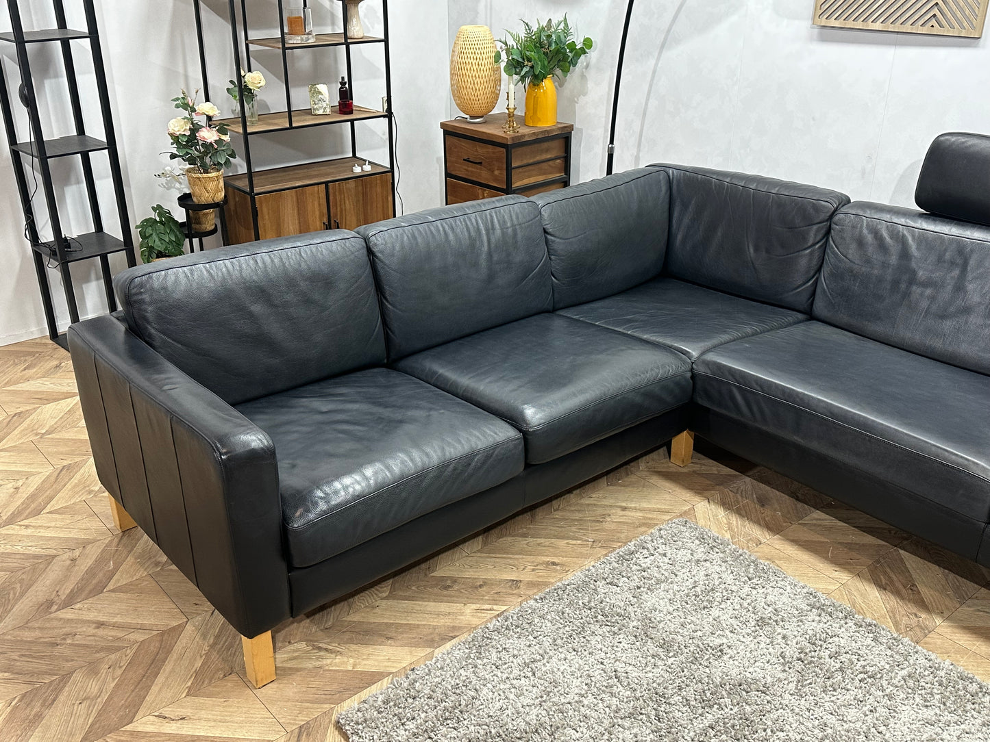 Zwarte Echt Lederen Hoekbank ~ Losse Kussens Met Afneembare Hoezen