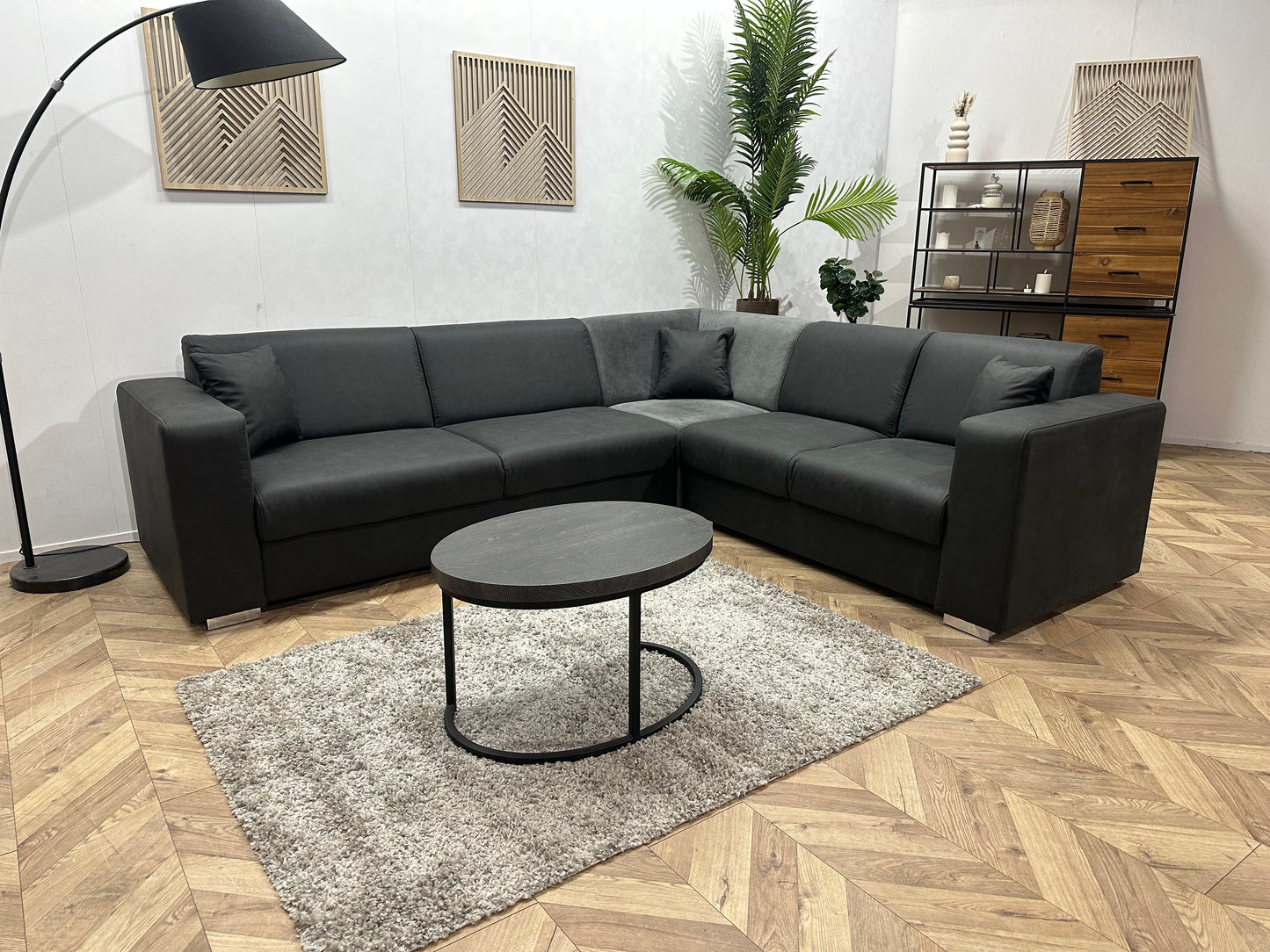 !Showroommodel! Antraciet/Grijze Suède Lederen/Velvet Hoekbank