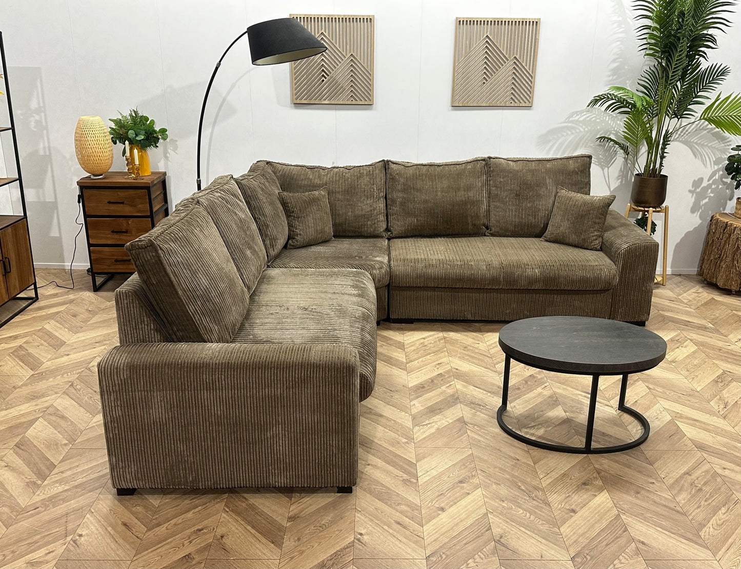 Bruine Ribstof Hoekbank ~ Losse Kussens Met Afneembare Hoezen