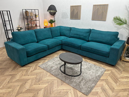 Blauwe Suède Stoffen Hoekbank ~ Losse Kussens Met Afneembare Hoezen