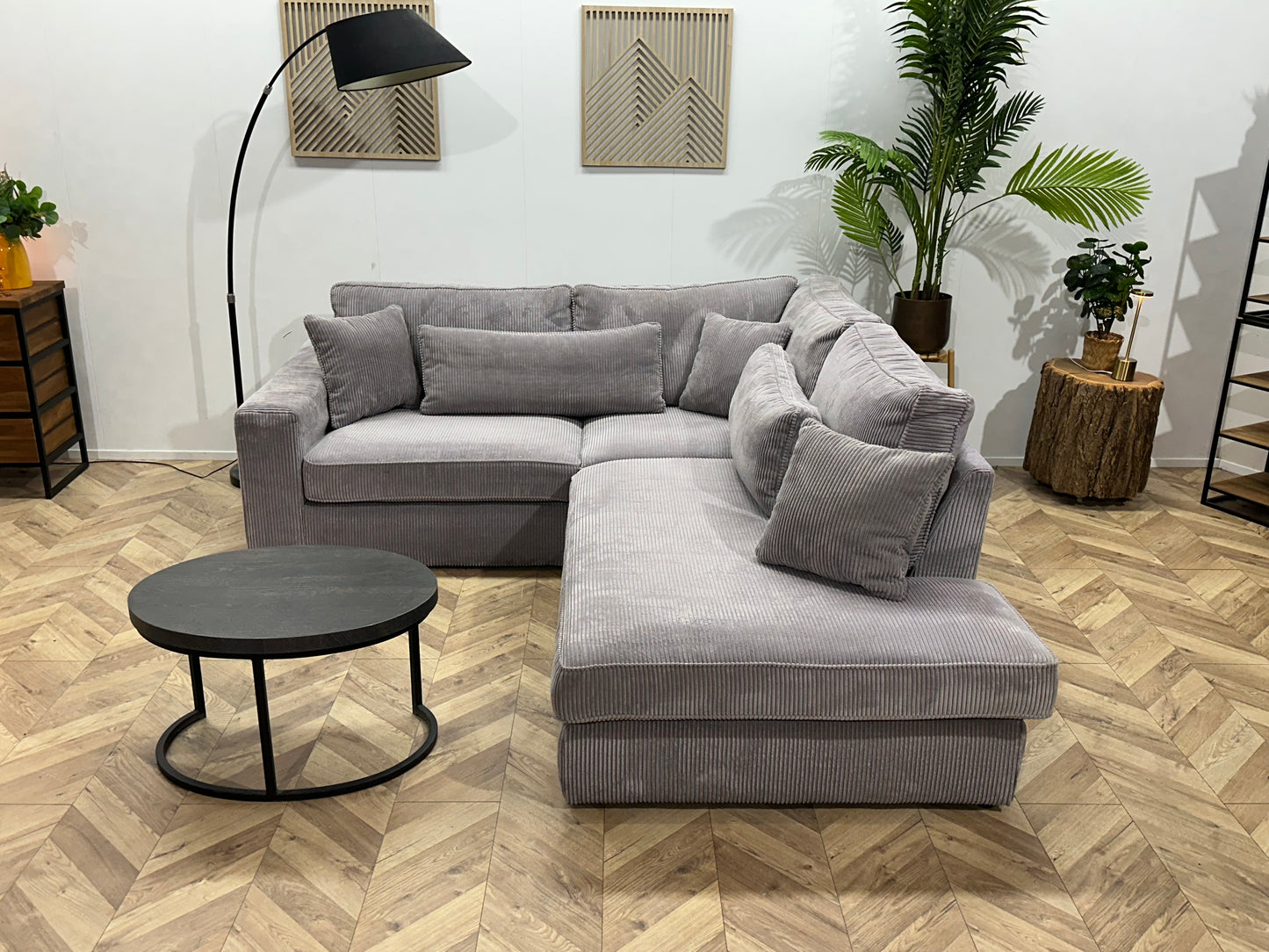 Licht Grijze Ribstof Hoekbank ~ Losse Kussens Met Afneembare Hoezen