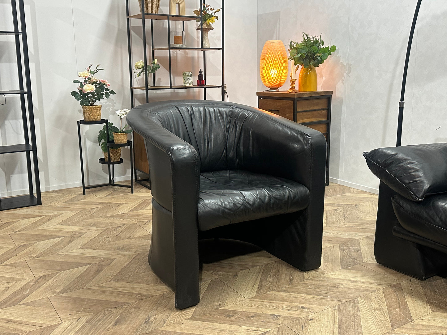 Zwarte Echt Lederen 2-Zits Inc Fauteuil ~ Vaste Kussens