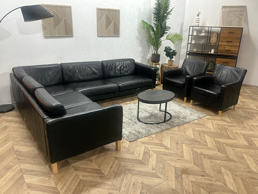 Zwarte Echt Lederen Banken Set ~ Losse Kussens Met Afneembare Hoezen