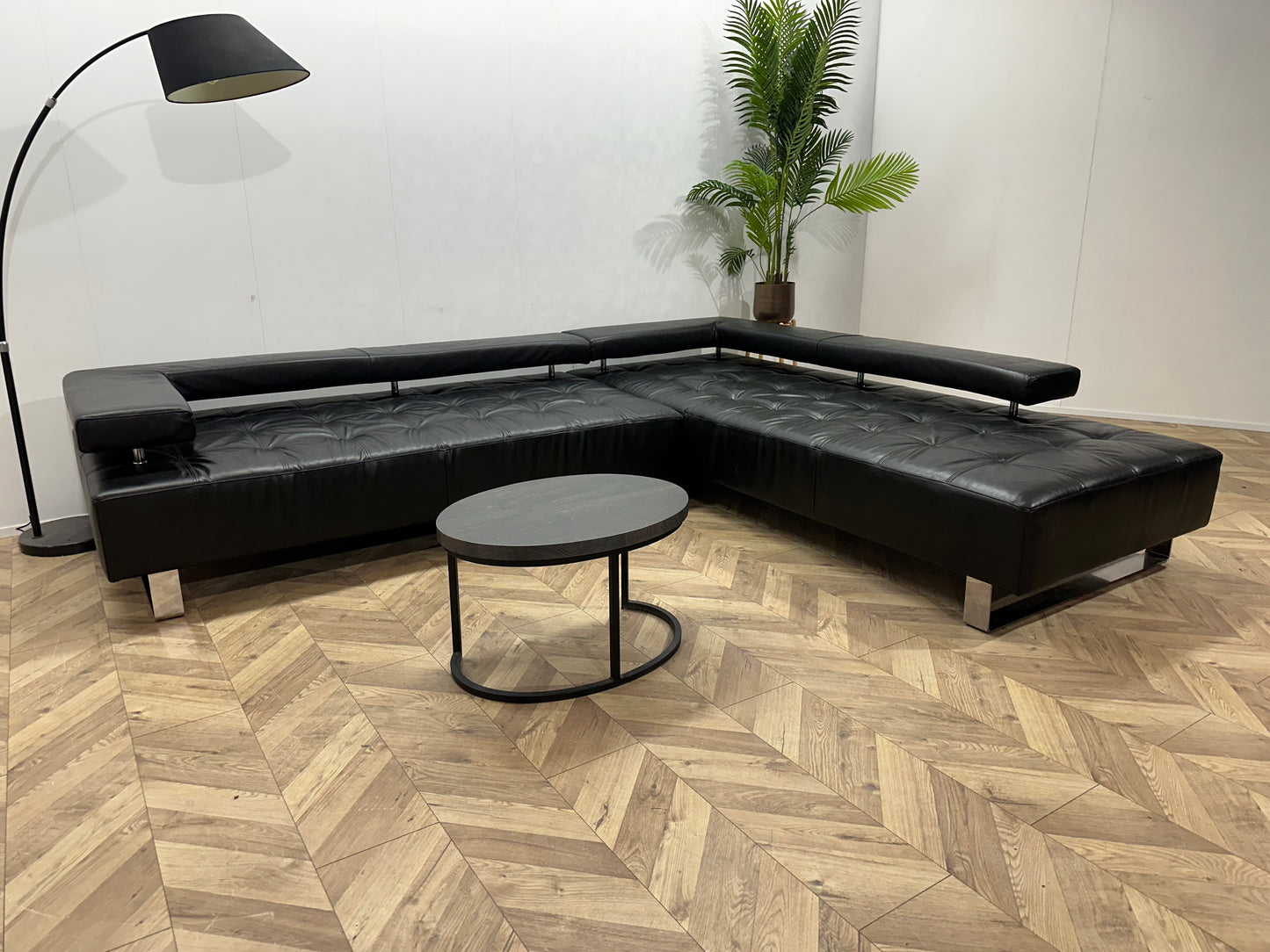 Montèl Zwart Echt Lederen Design Hoekbank ~ Vaste Kussens