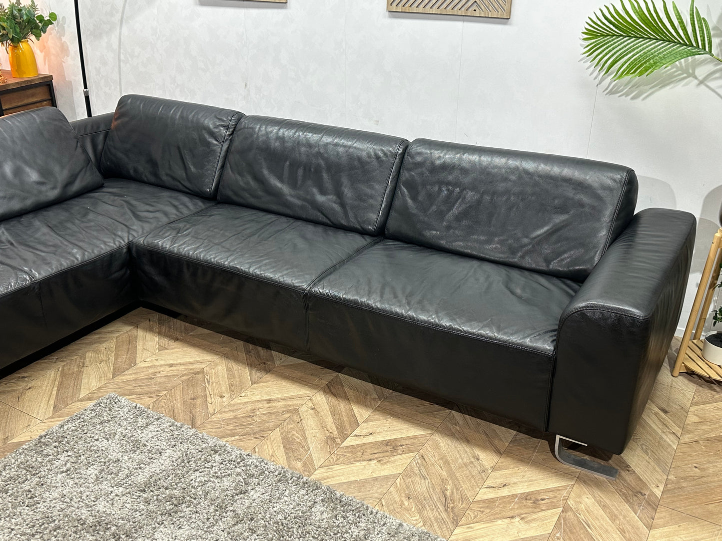 Zwarte Echt Lederen Hoekbank Inc Hocker ~ Vaste Kussens