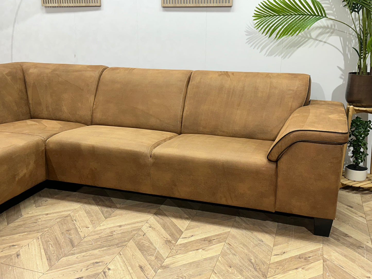 Cognac Bruine Suède Stoffen Hoekbank ~ Vaste Kussens