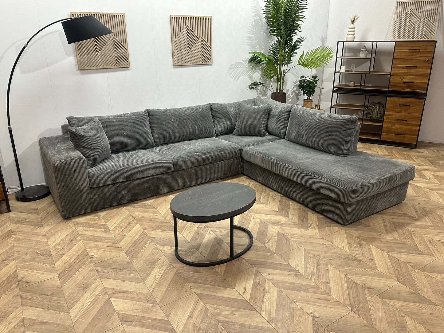 Grijze Ribstof Hoekbank ~ Losse Kussens Met Afneembare Hoezen