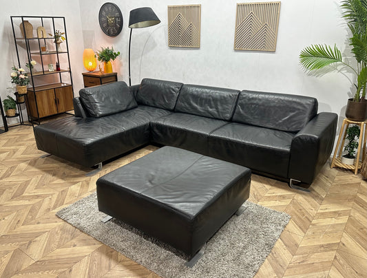 Zwarte Echt Lederen Hoekbank Inc Hocker ~ Vaste Kussens