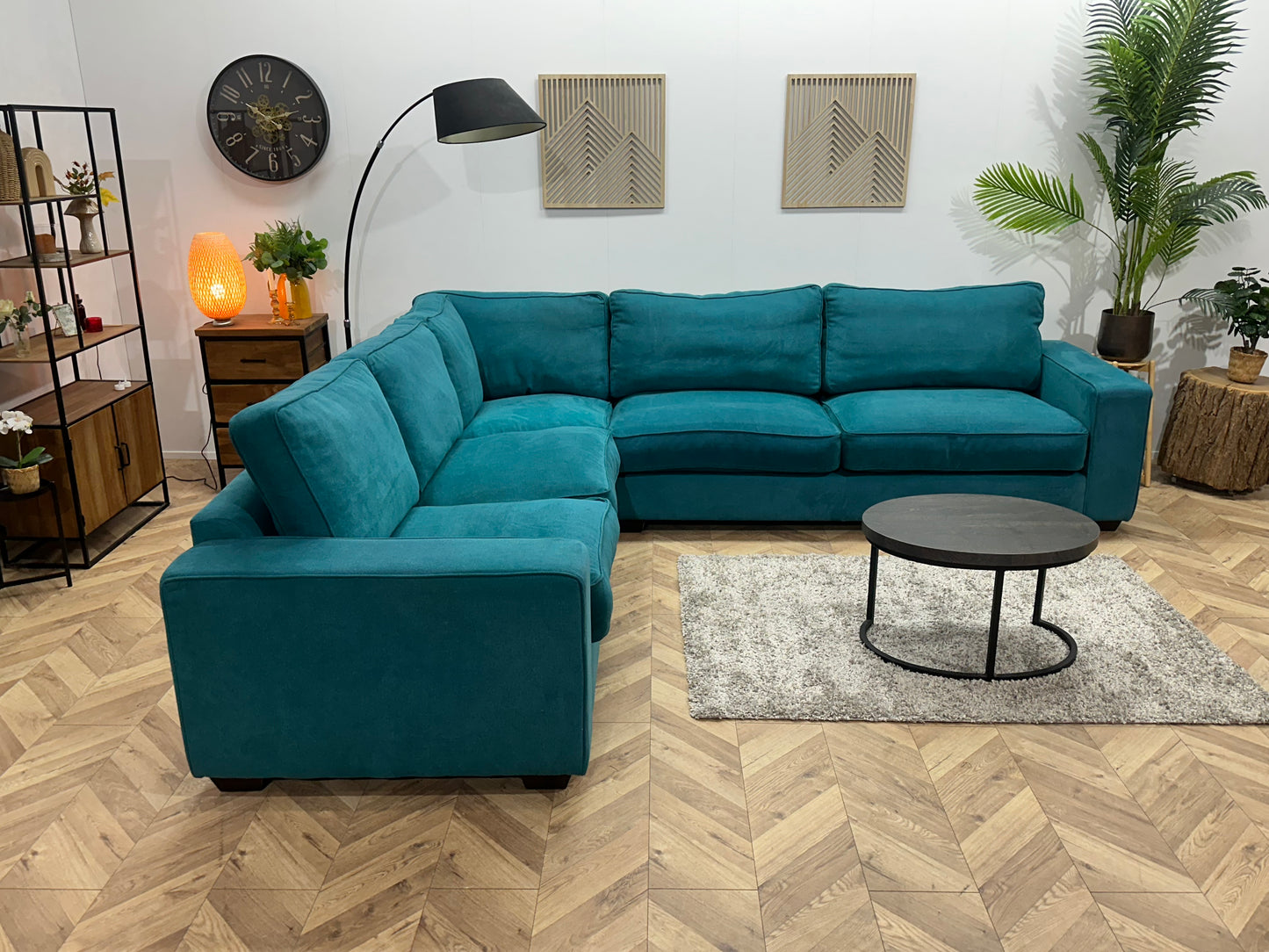 Blauwe Suède Stoffen Hoekbank ~ Losse Kussens Met Afneembare Hoezen