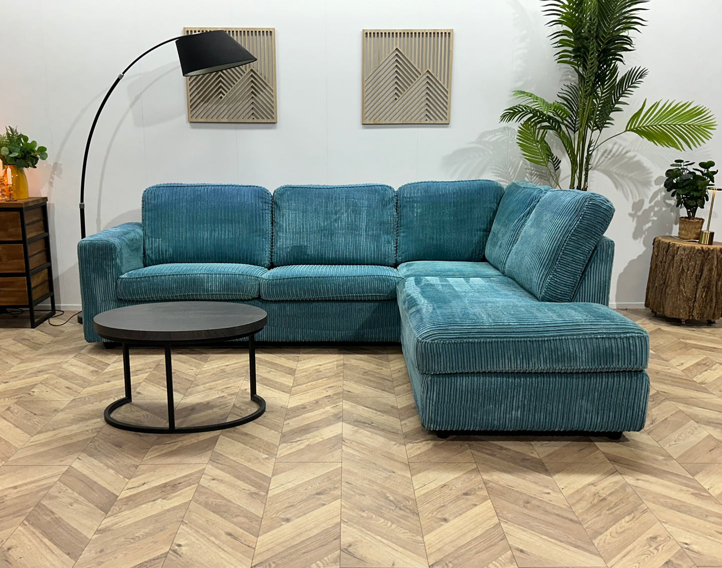 Licht Blauwe Ribstof Hoekbank ~ Losse Kussens Met Afneembare Hoezen