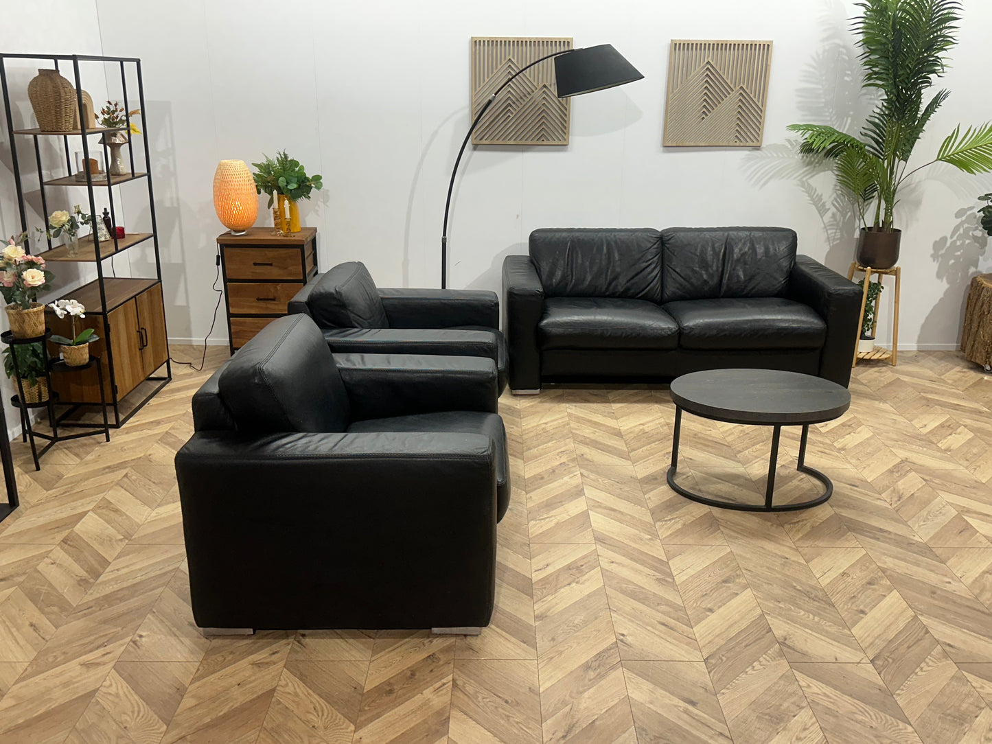 Zwarte Echt Lederen 2.5-Zits Bank Inc Fauteuils ~ Vaste Kussens