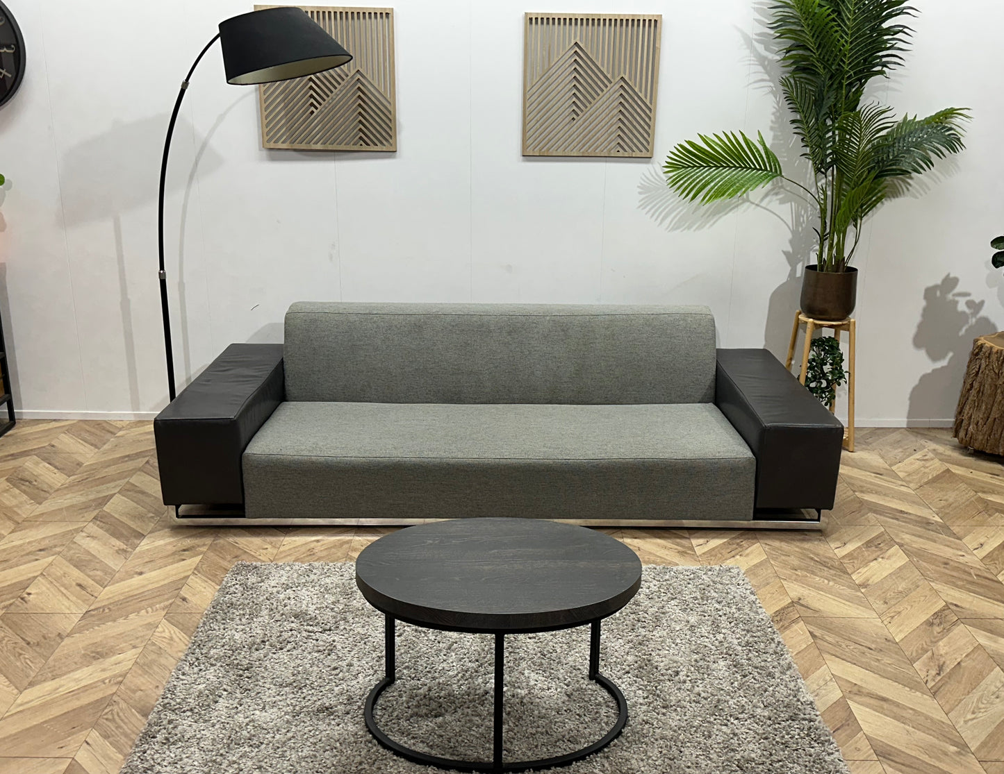 Licht Grijze/Antraciet Stoffen/Echt Lederen Design 2.5-Zits Bank ~ Vaste Kussens