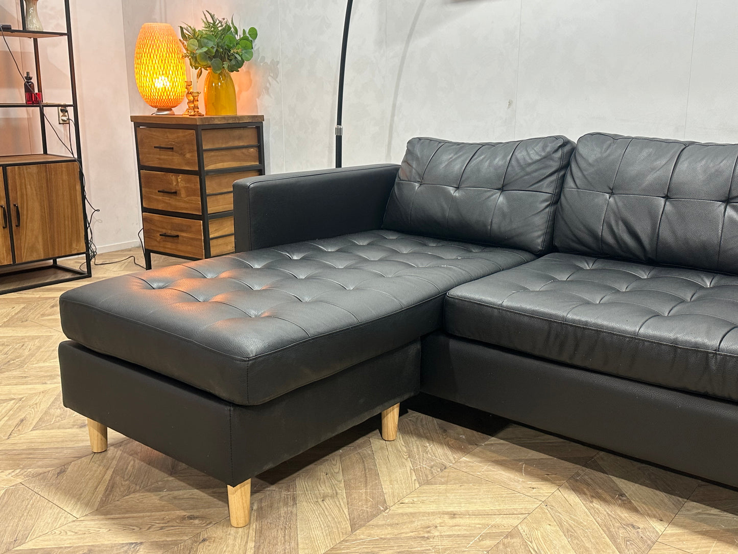 Zwart Echt Lederen Hoekbank ~ Losse Kussens Met Afneembare Hoezen