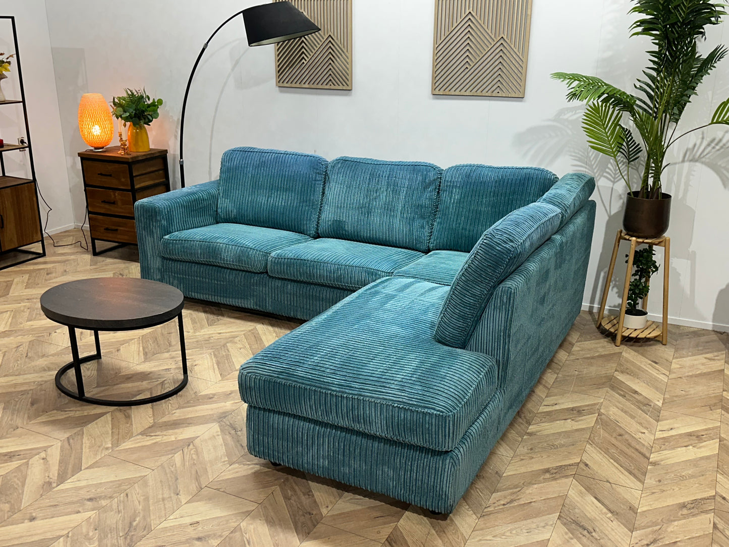 Licht Blauwe Ribstof Hoekbank ~ Losse Kussens Met Afneembare Hoezen