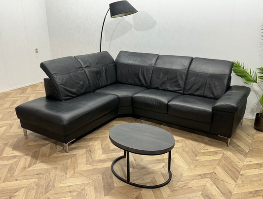 Zwart Echt Lederen Hoekbank ~ Verstelbare Hoofdsteunen