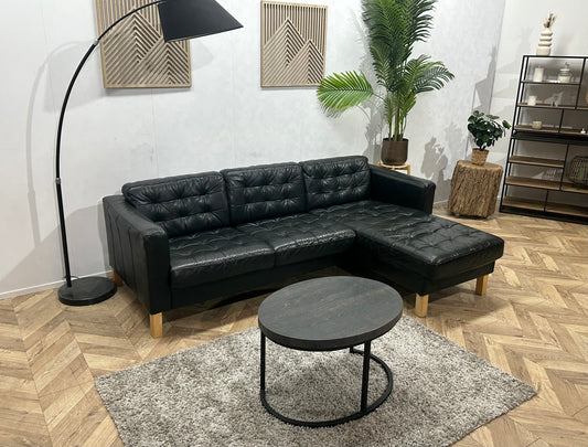 Zwarte Echt Lederen Hoekbank ~ Losse Kussens Met Afneembare Hoezen