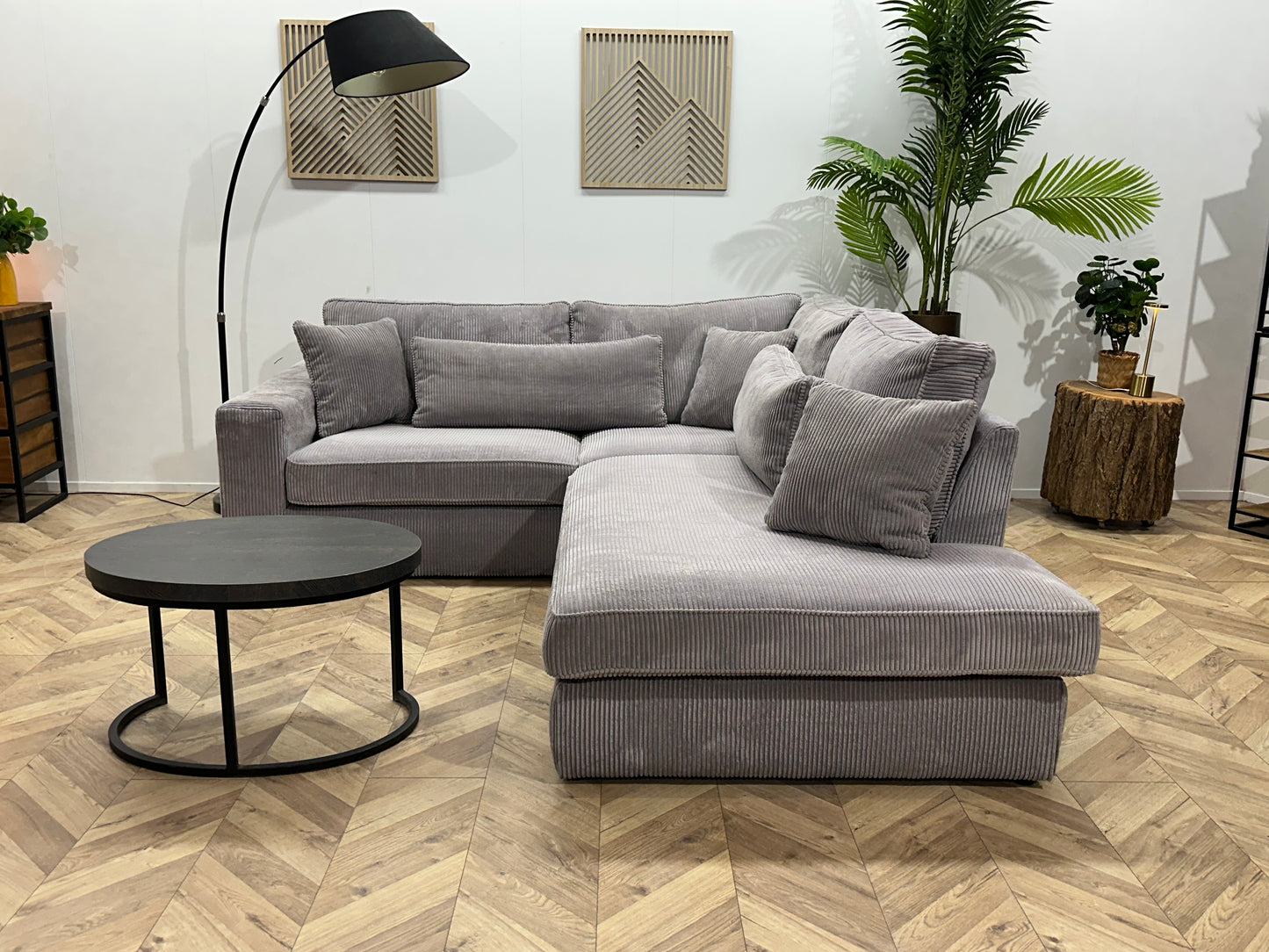 Licht Grijze Ribstof Hoekbank ~ Losse Kussens Met Afneembare Hoezen