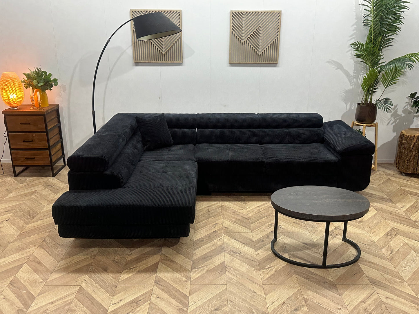 Zwart Ribstof Hoekbank ~ Verstelbare  Hoofdsteunen