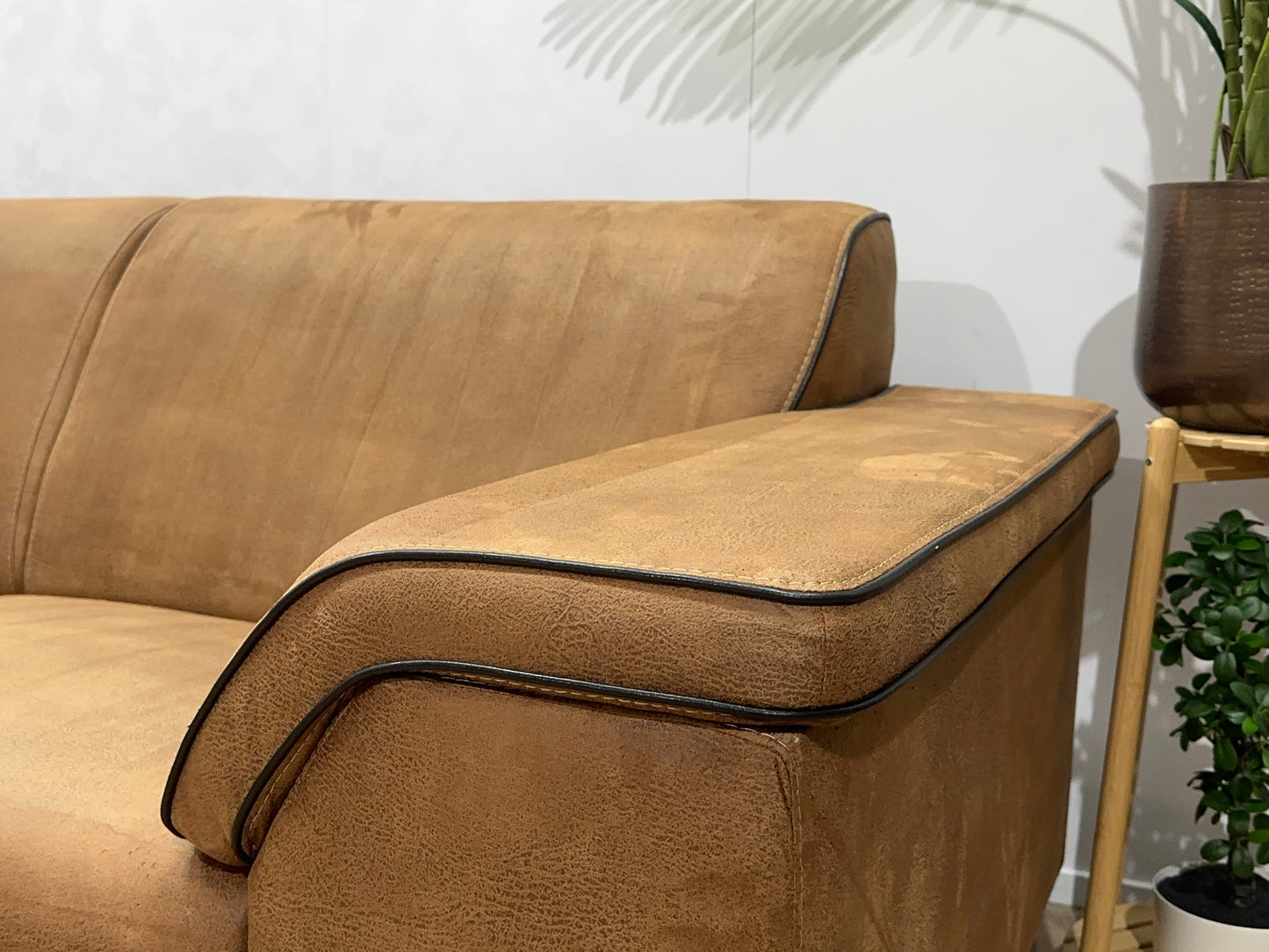 Cognac Bruine Suède Stoffen Hoekbank ~ Vaste Kussens