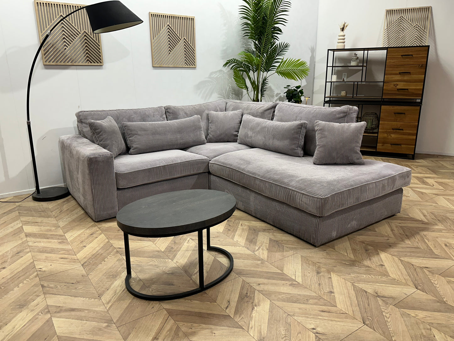 Licht Grijze Ribstof Hoekbank ~ Losse Kussens Met Afneembare Hoezen