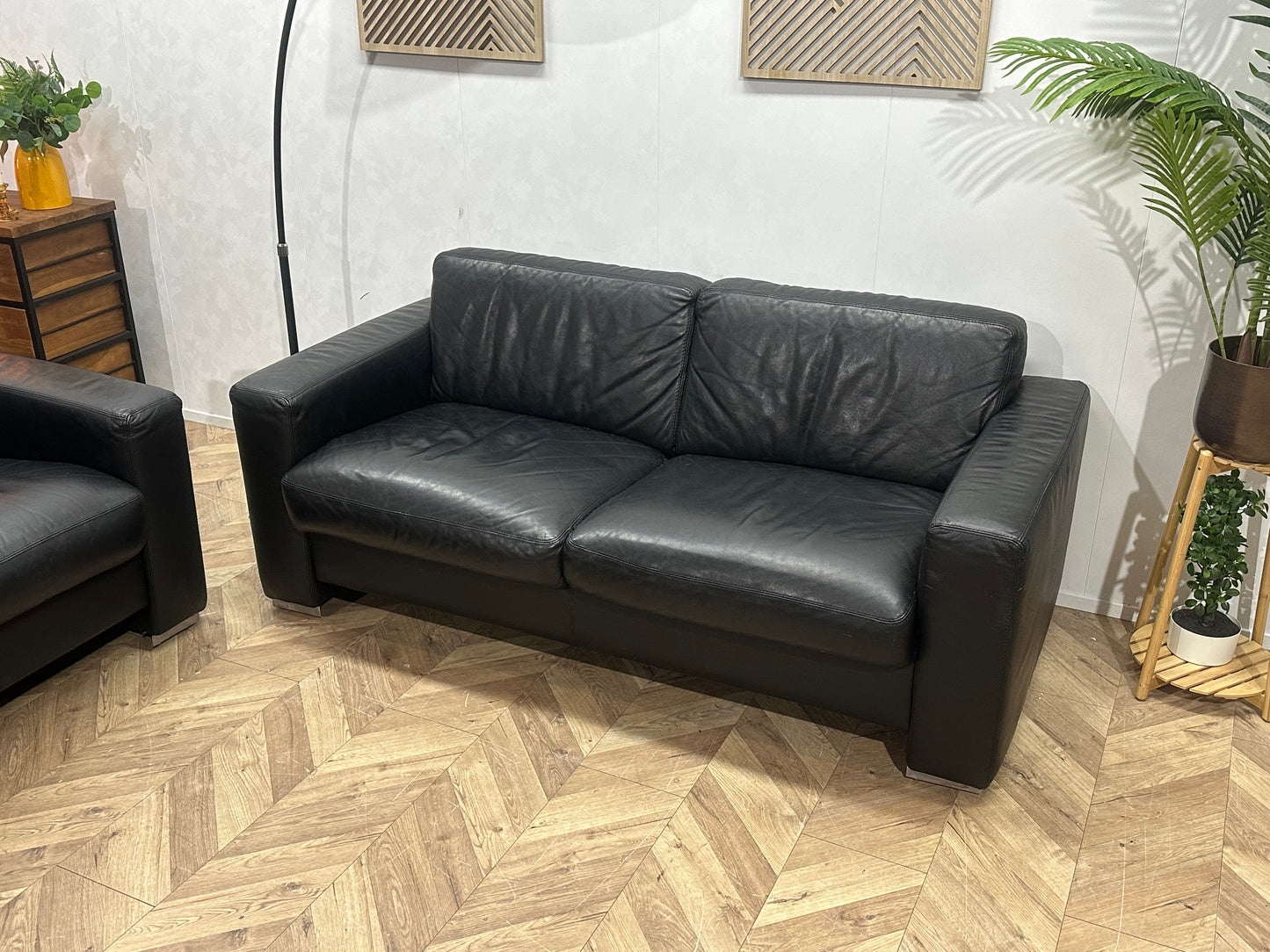 Zwarte Echt Lederen 2.5-Zits Bank Inc Fauteuils ~ Vaste Kussens