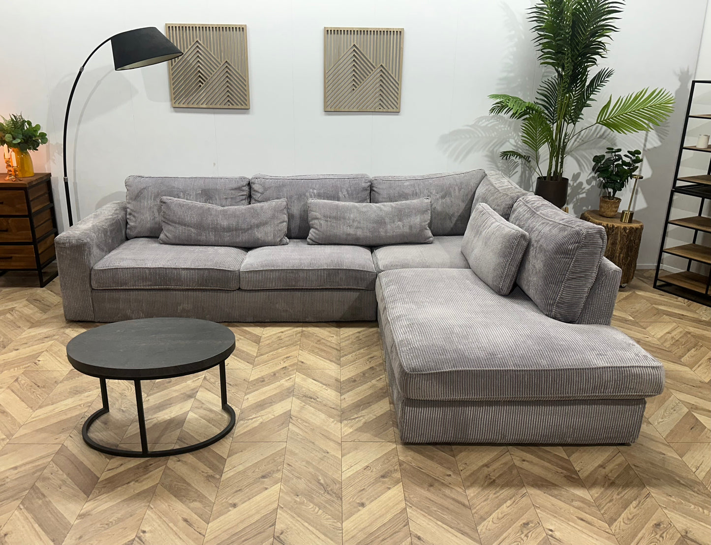 Licht Grijze Ribstof Hoekbank ~ Losse Kussens Met Afneembare Hoezen