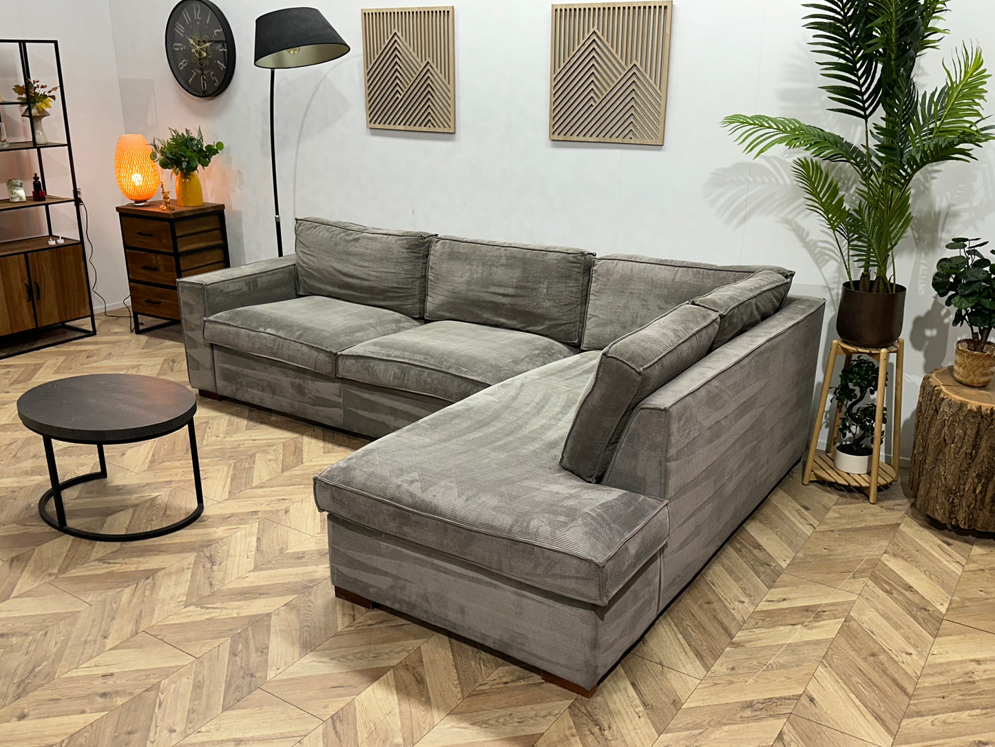 Woood Grijze Ribstof Hoekbank ~ Losse Kussens Met Afneembare Hoezen