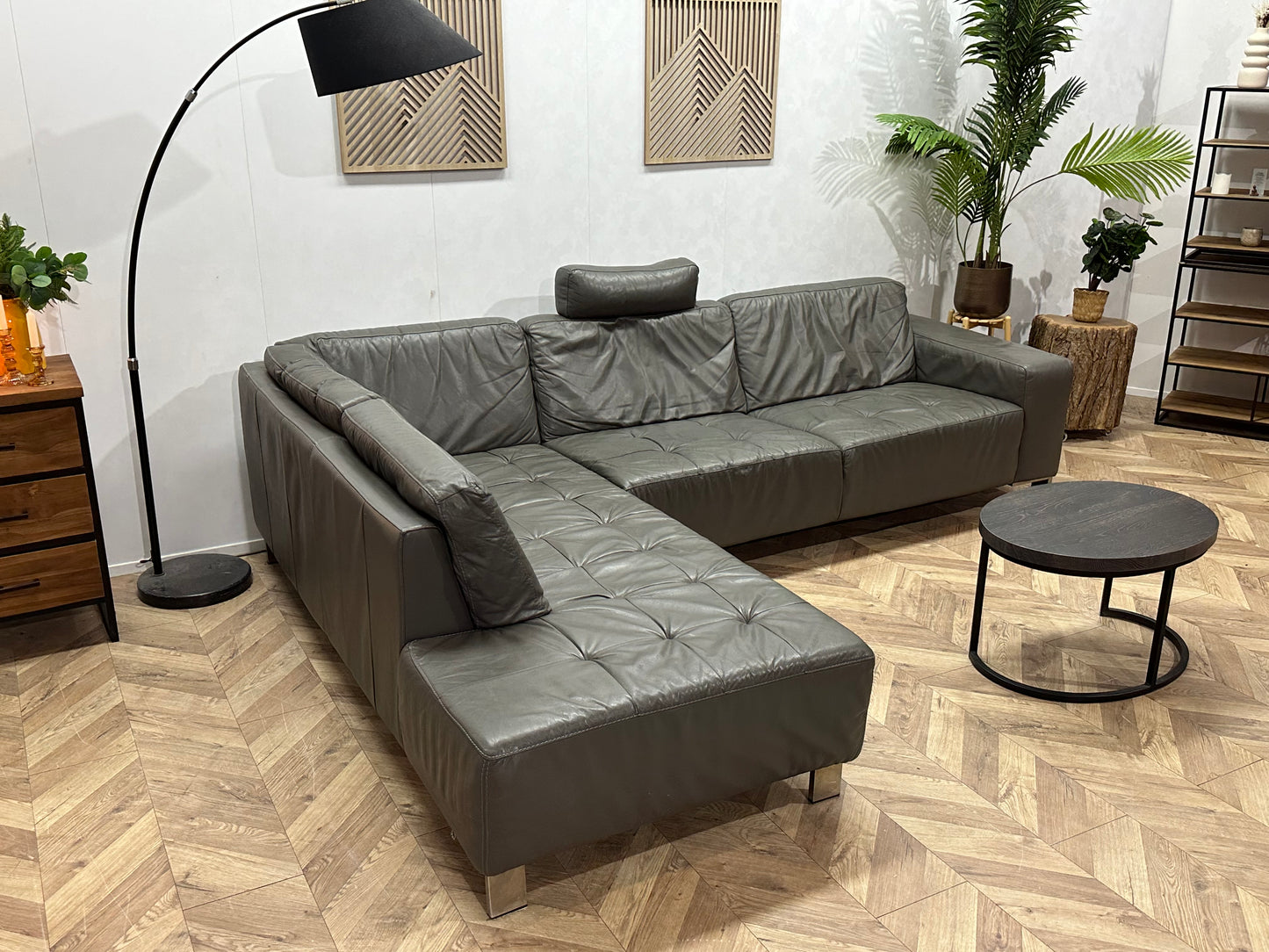 Montèl Grijze Echt Lederen Hoekbank ~ Vaste Kussens