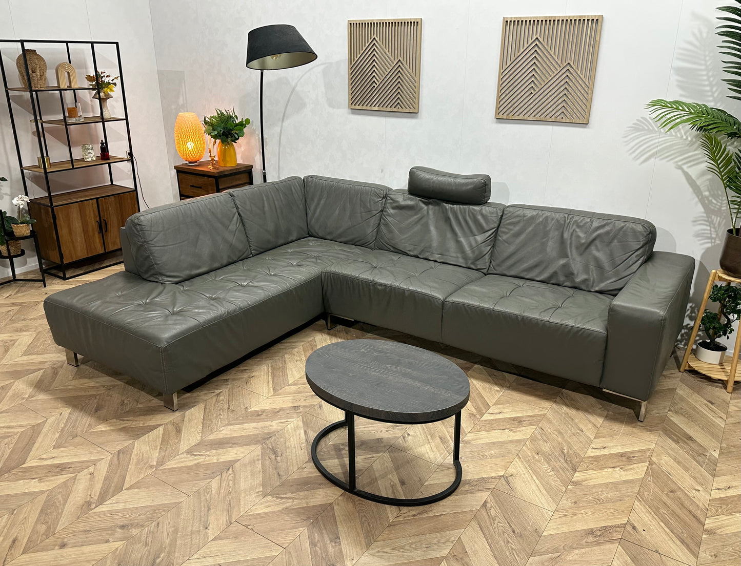 Montèl Grijze Echt Lederen Hoekbank ~ Vaste Kussens