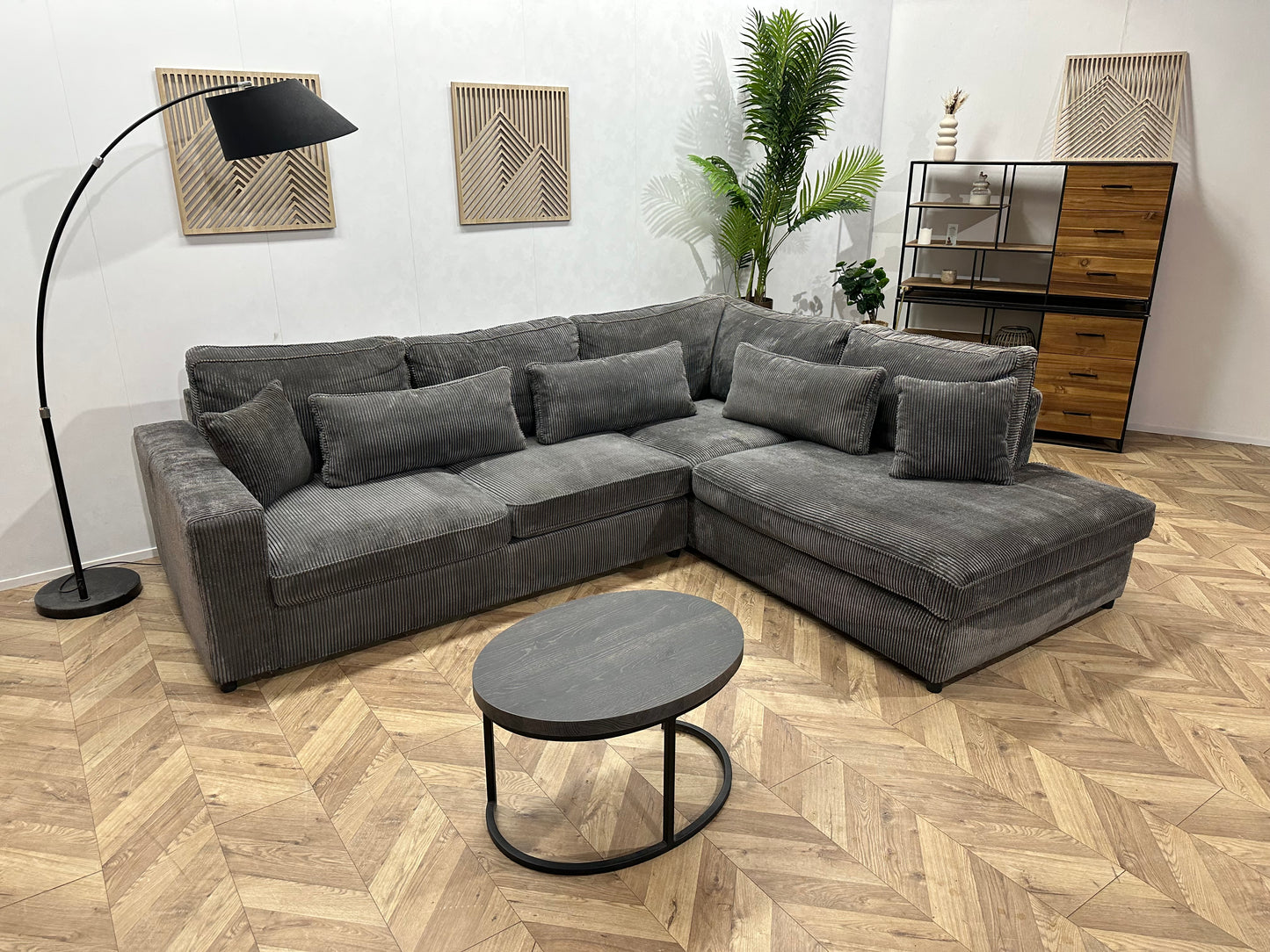 Antraciet Ribstof Hoekbank ~ Losse Kussens Met Afneembare Hoezen ~ Slaapfunctie