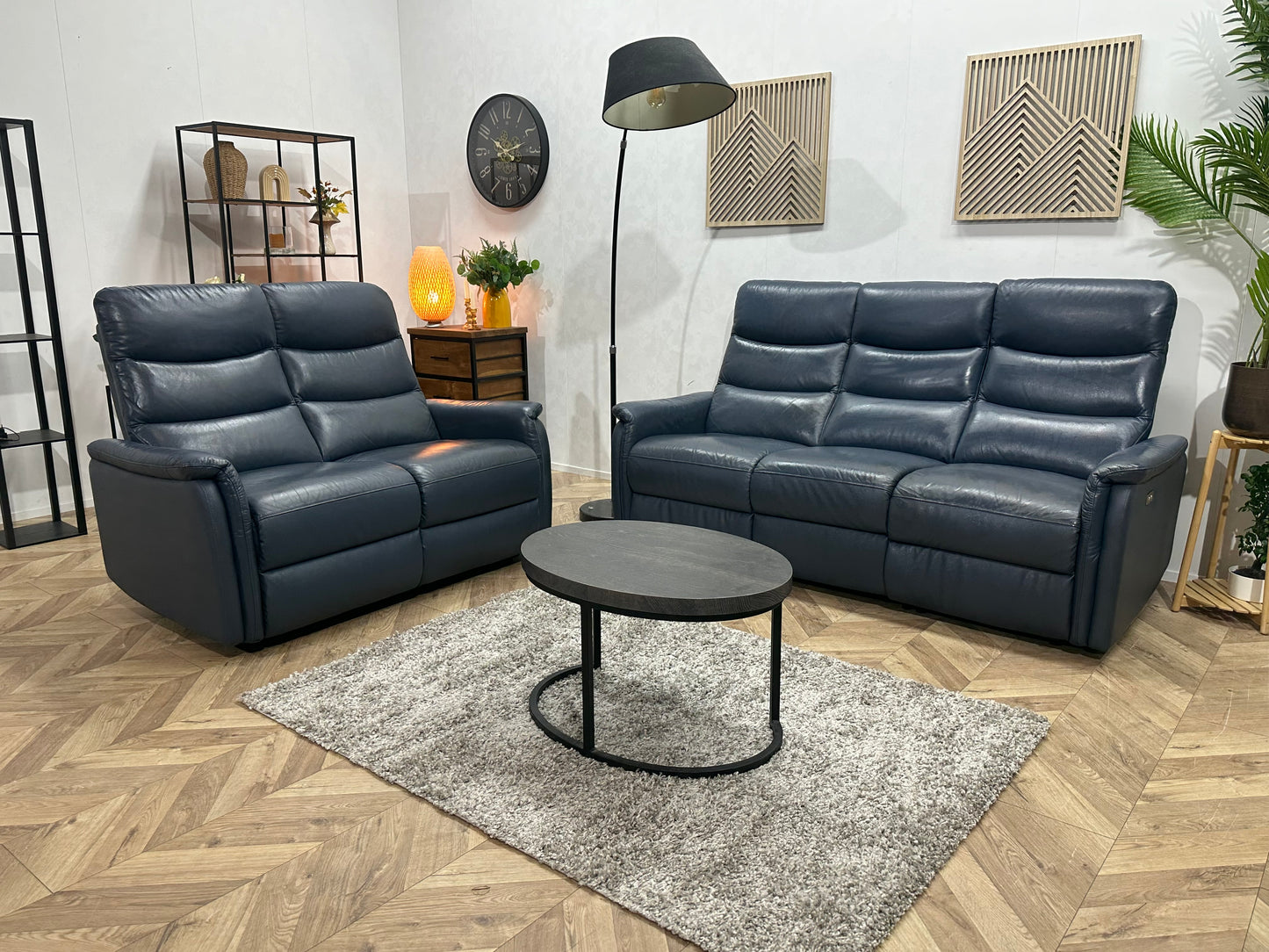 Donker Blauwe Echt Lederen Banken Set ~ Relaxfunctie