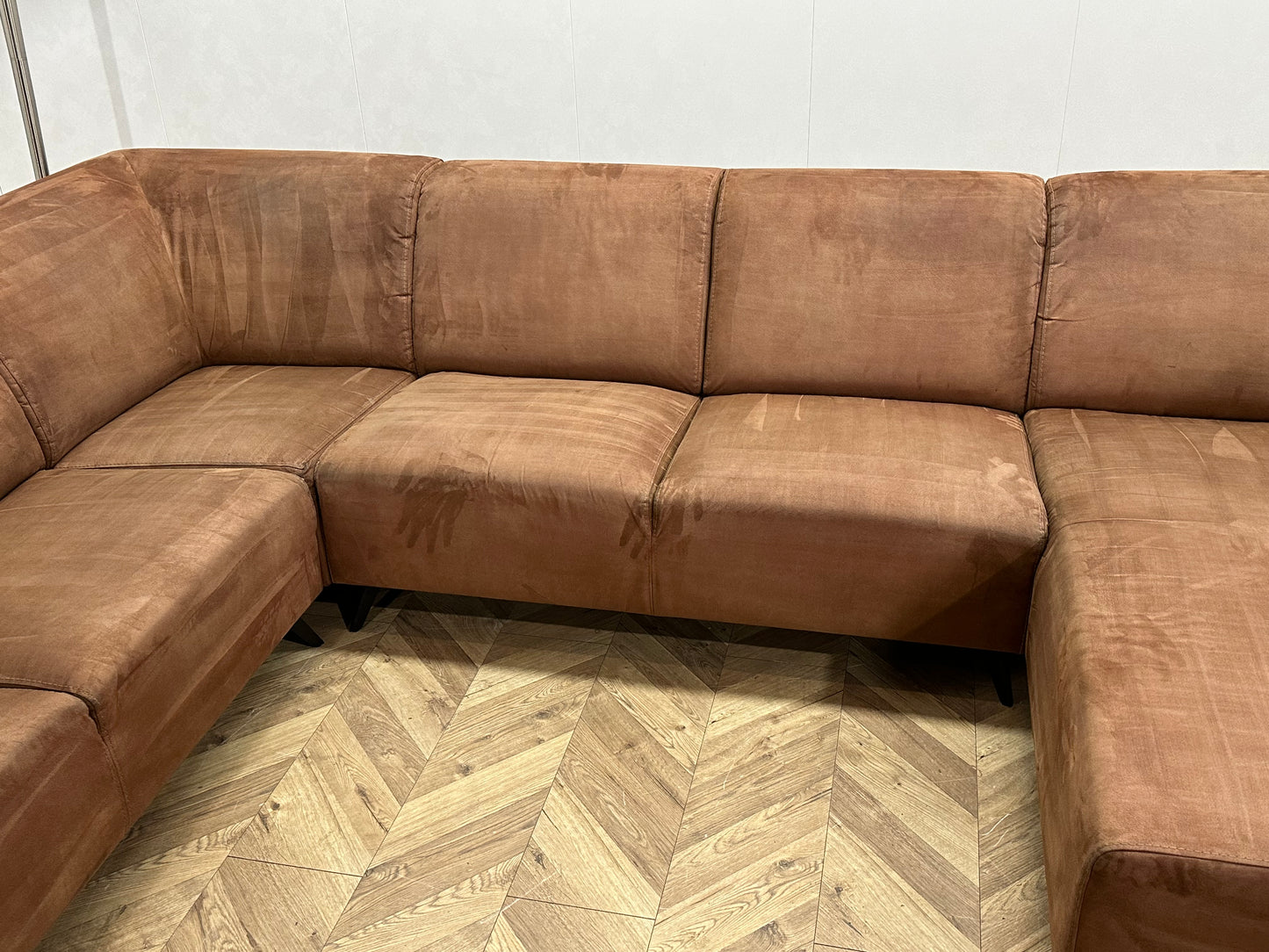 Cognac Bruine Suède Lederen U Bank ~ Vaste Kussens