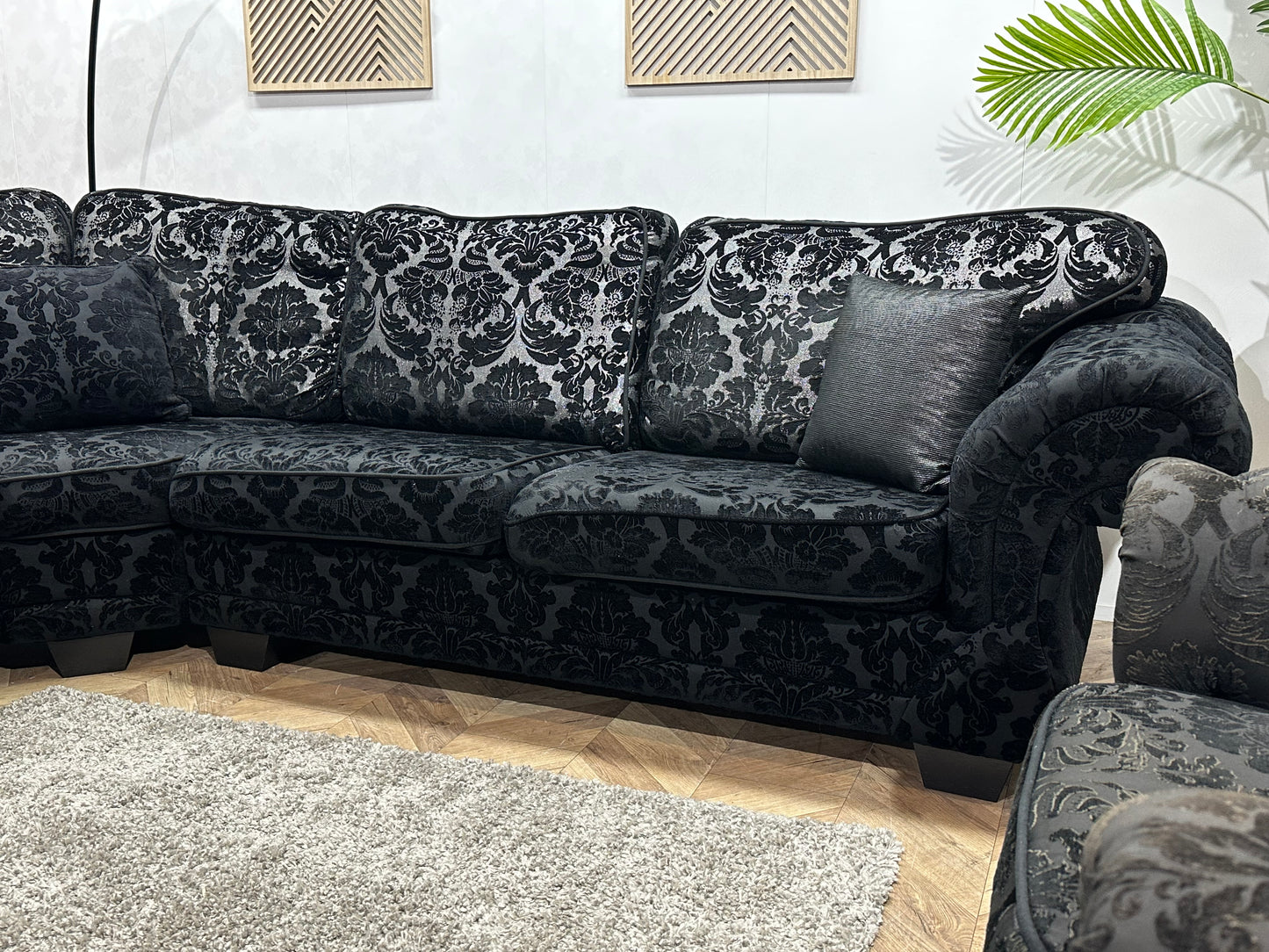 Zwarte Velvet Hoekbank Inc Fauteuil & Hocker ~ Losse Kussens Met Afneembare Hoezen