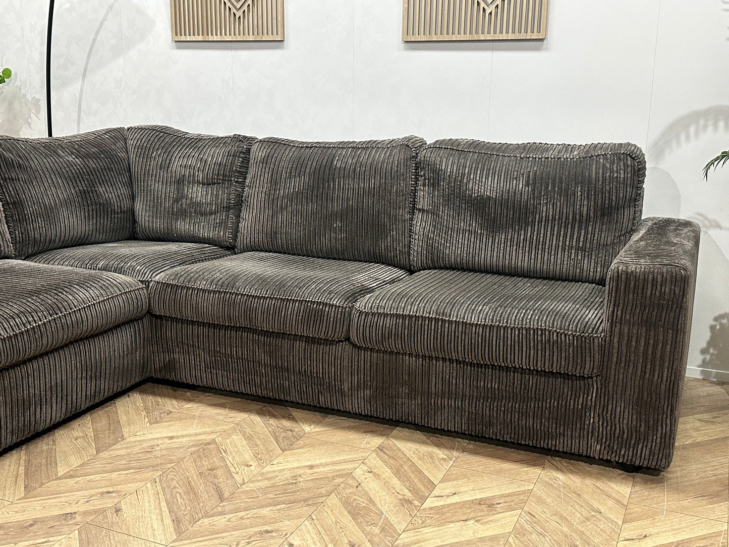 Grijze Ribstof Hoekbank ~ Losse Kussens Met Afneembare Hoezen