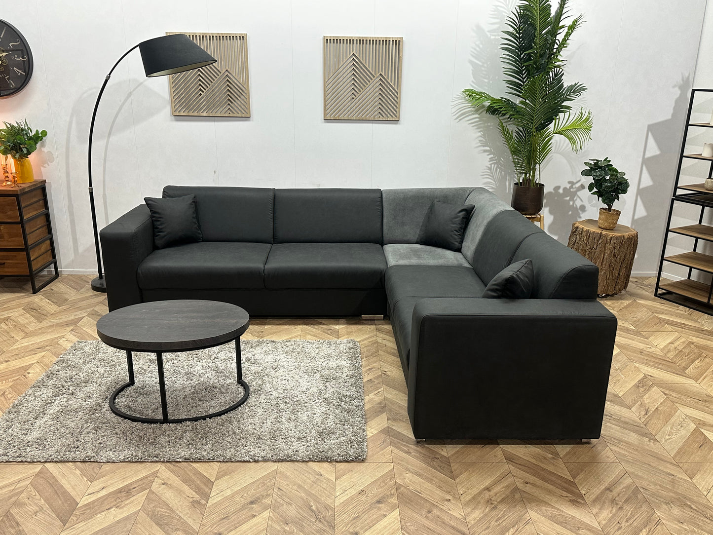 !Showroommodel! Antraciet/Grijze Suède Lederen/Velvet Hoekbank