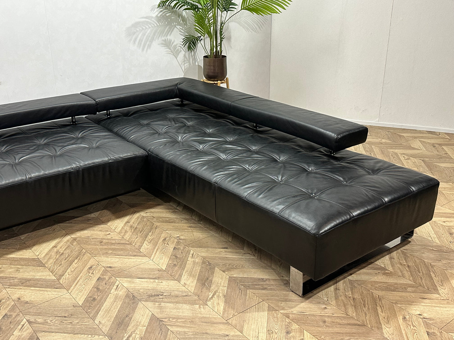 Montèl Zwart Echt Lederen Design Hoekbank ~ Vaste Kussens