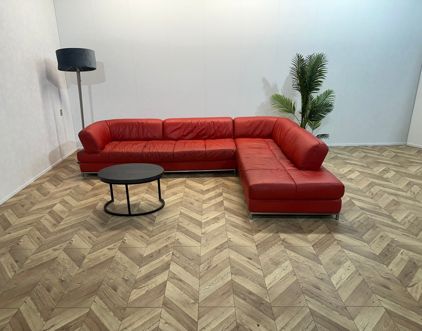 Rode Echt Lederen Design Hoekbank ~ Vaste Kussens
