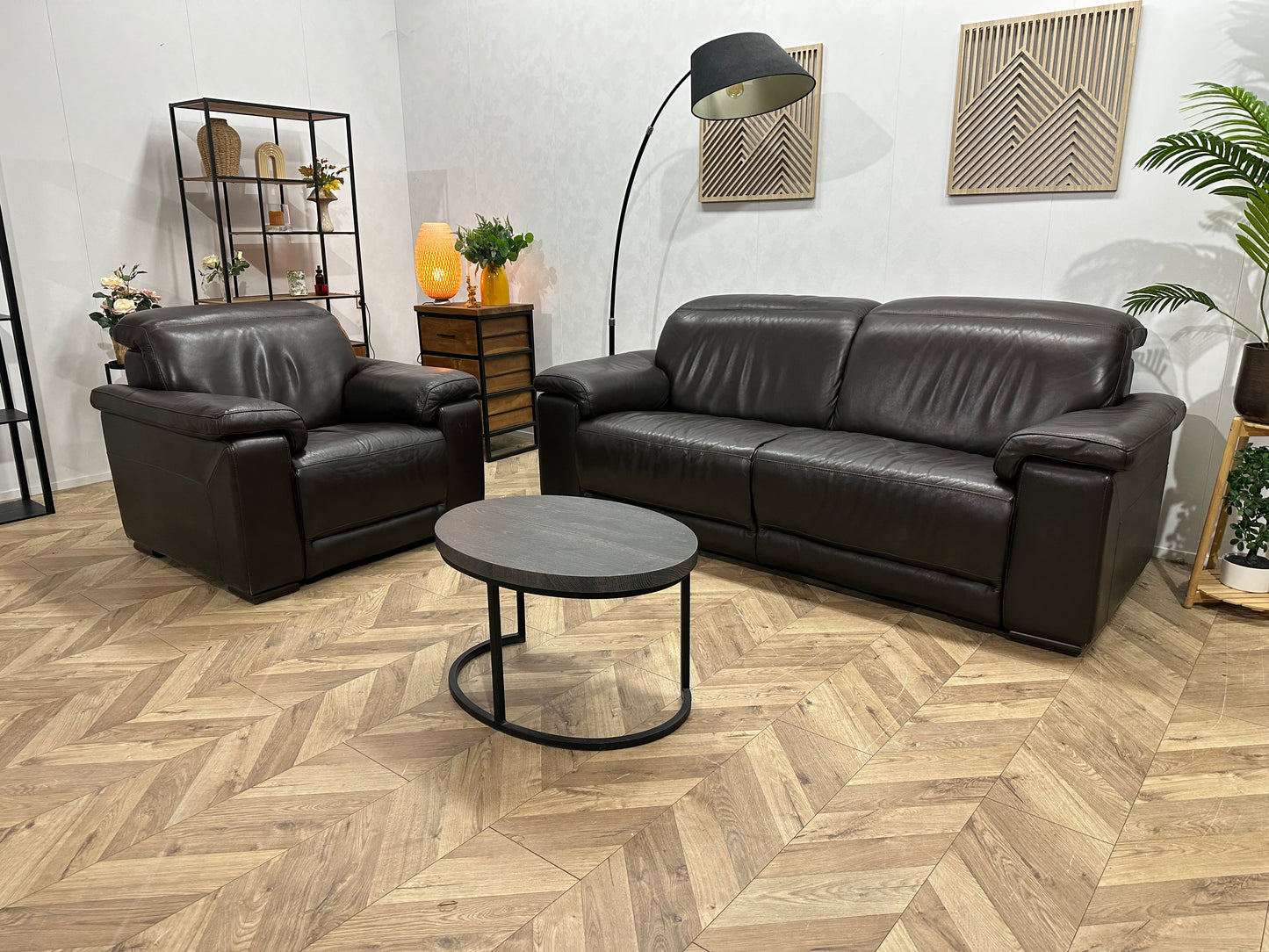 Bruine Echt Lederen 2.5-Zits Bank Inc Fauteuil ~ Verstelbare Hoofdsteunen