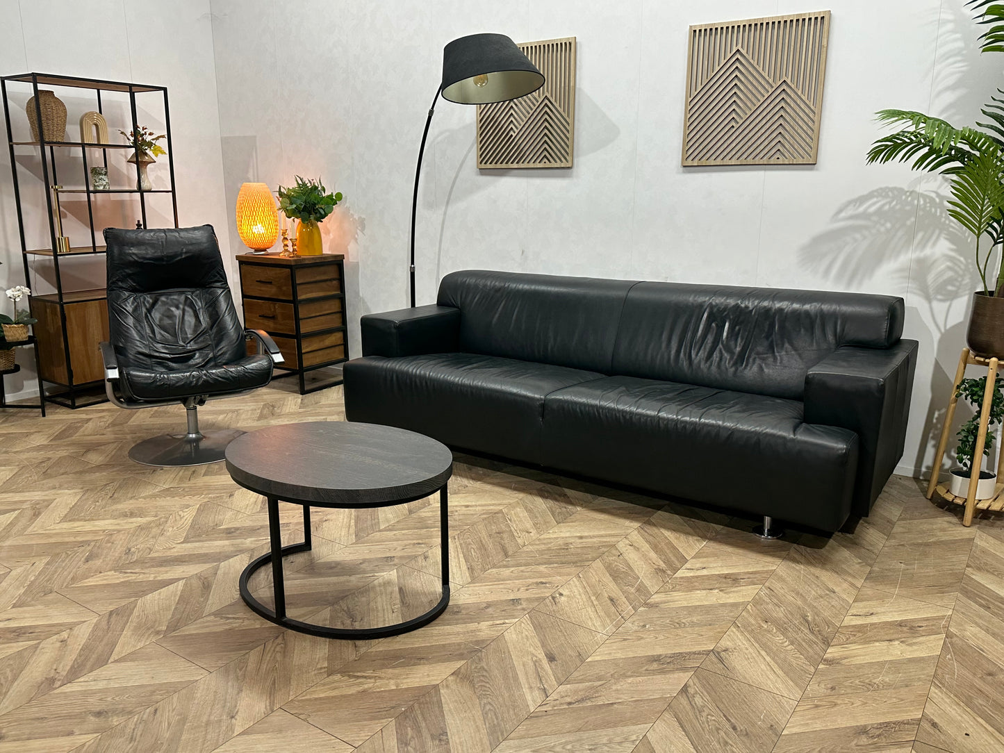 Zwart Echt Lederen 2.5-Zits Bank Inc Fauteuil ~ Vaste Kussens