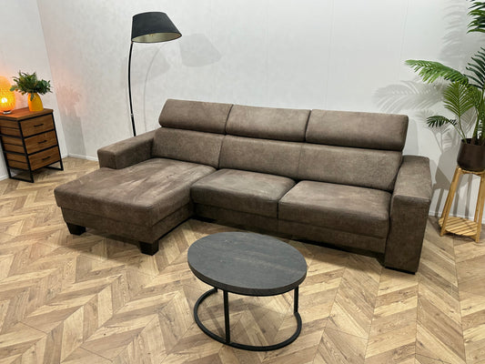 In.House Bruine Suède Stoffen Hoekbank ~ Verstelbare Hoofdsteunen