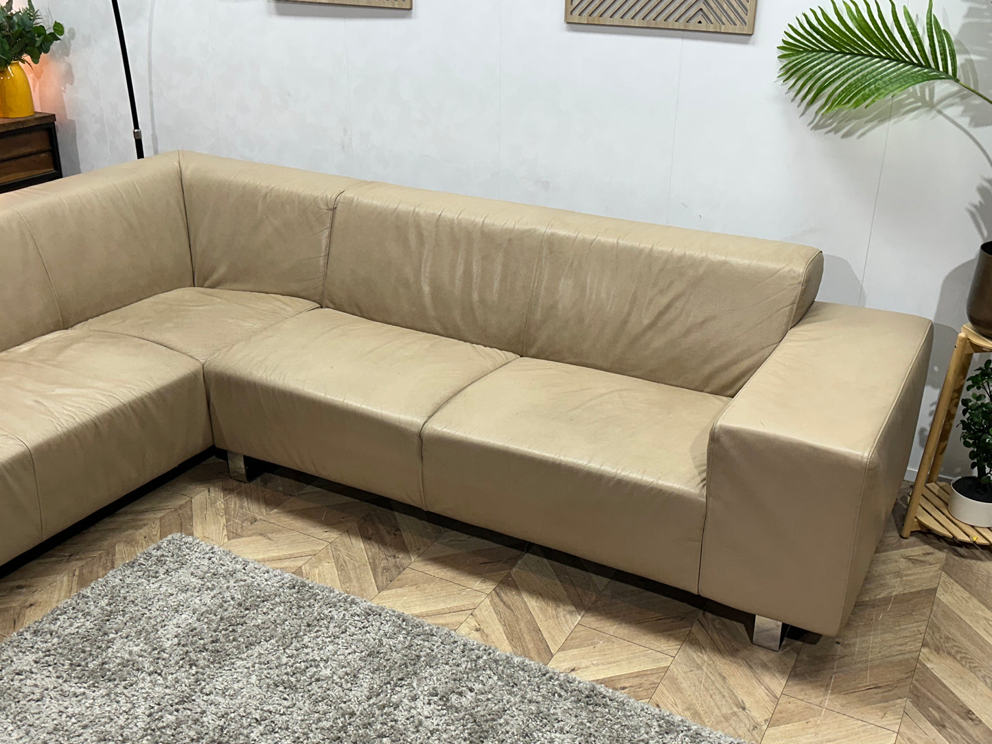 Goossens Crème Echt Lederen Hoekbank ~ Vaste Kussens