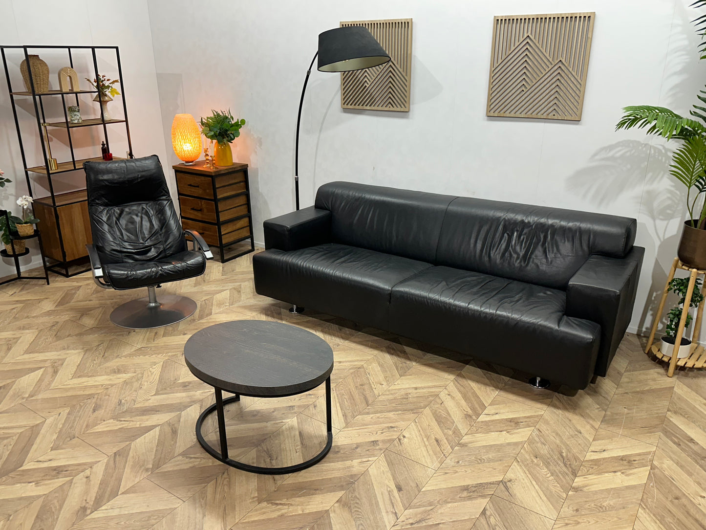 Zwart Echt Lederen 2.5-Zits Bank Inc Fauteuil ~ Vaste Kussens