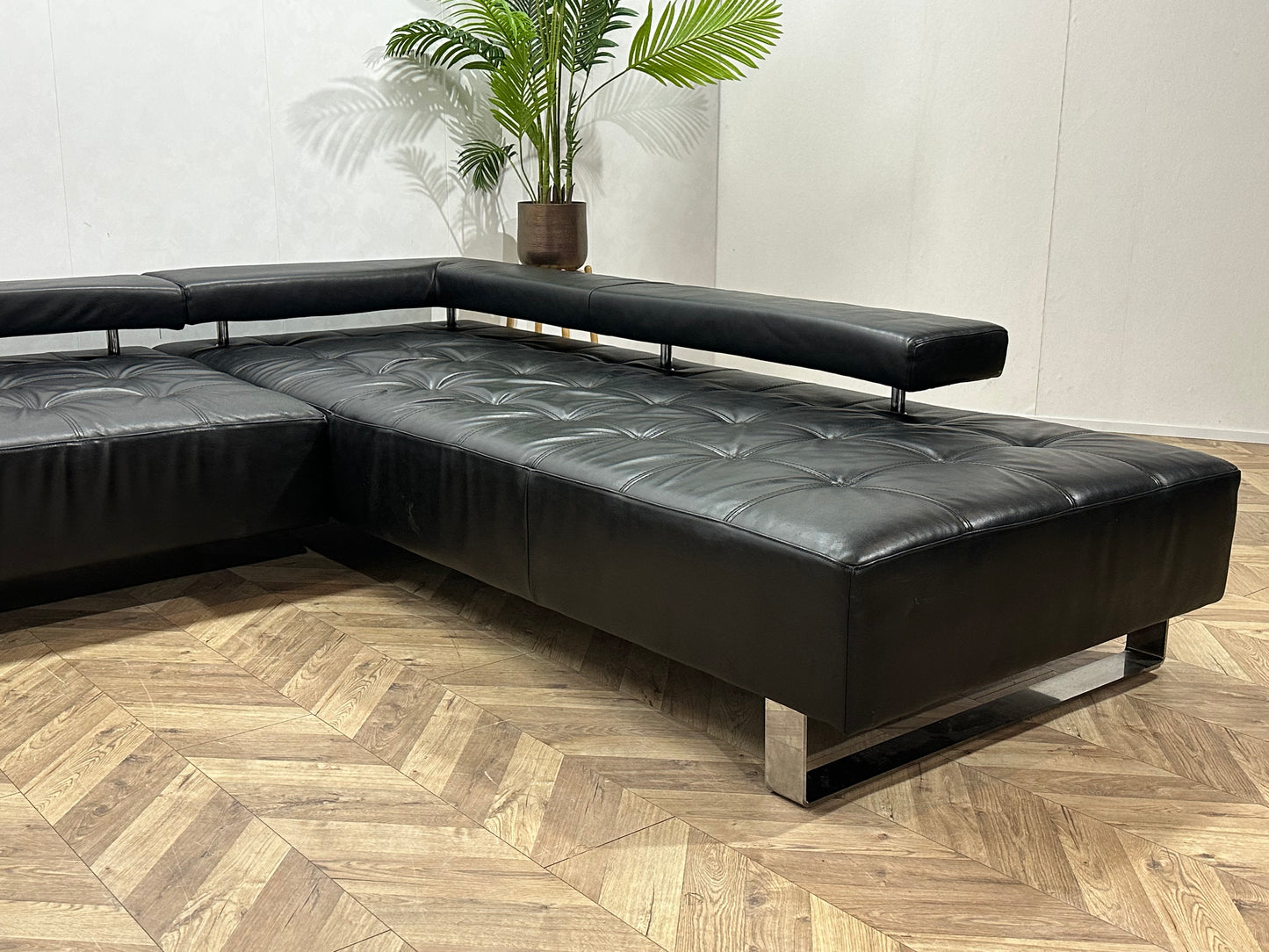 Montèl Zwart Echt Lederen Design Hoekbank ~ Vaste Kussens