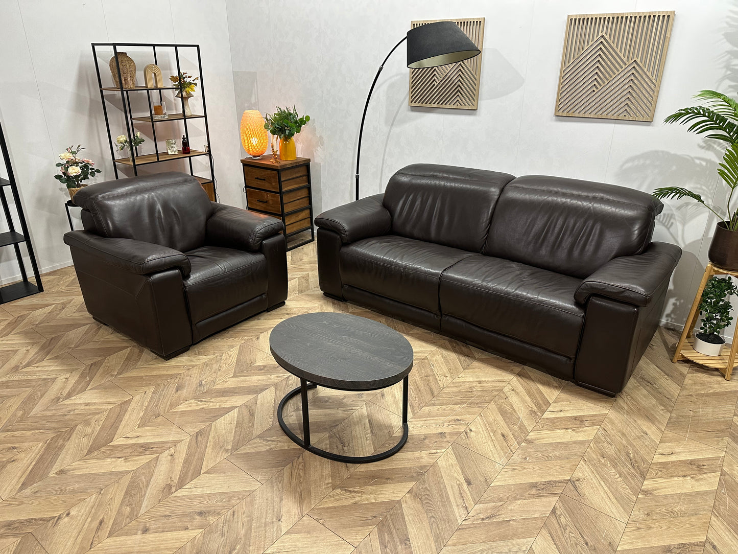 Bruine Echt Lederen 2.5-Zits Bank Inc Fauteuil ~ Verstelbare Hoofdsteunen