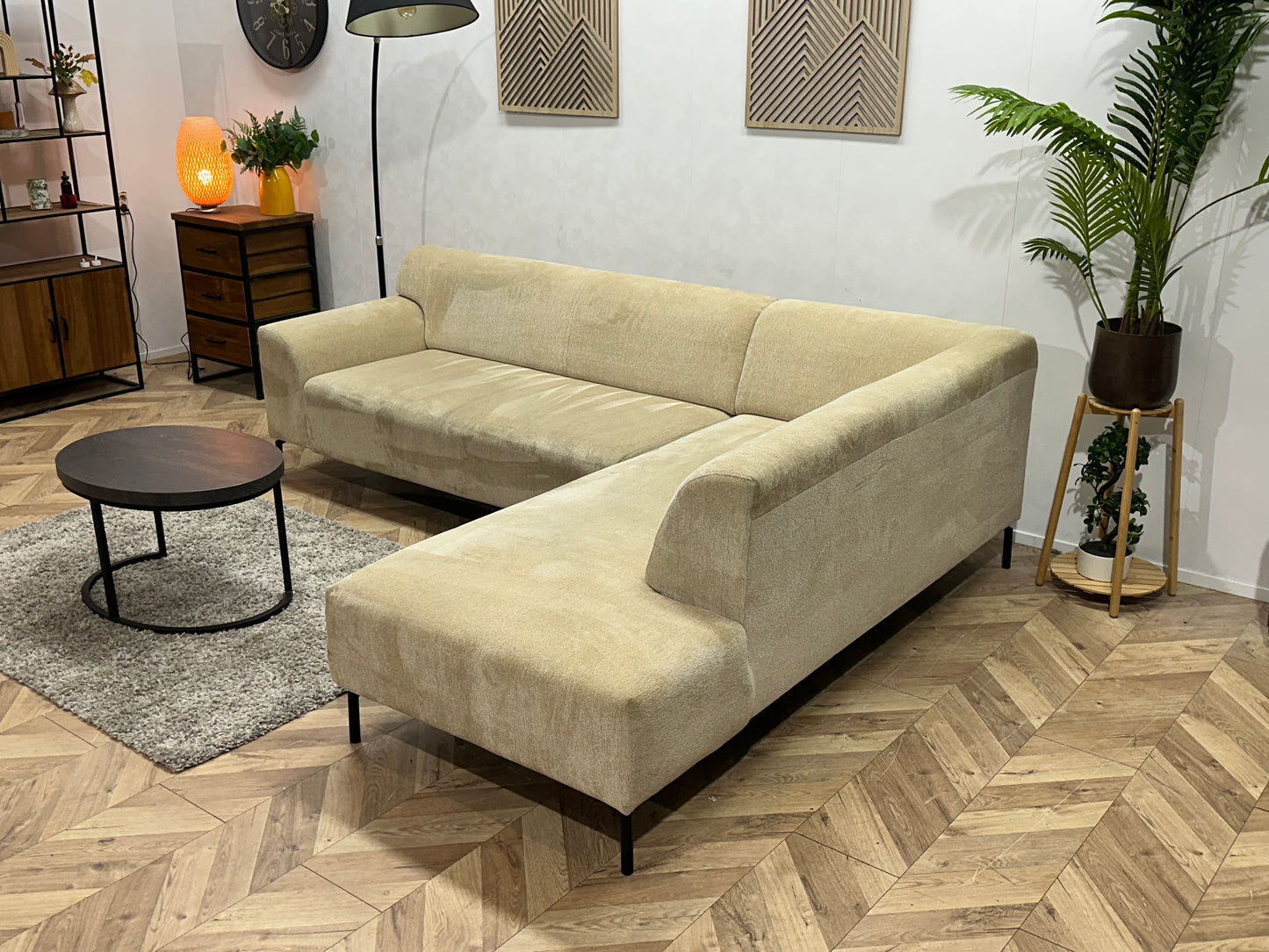 Crème Bouclé Stoffen Hoekbank ~ Vaste Kussens