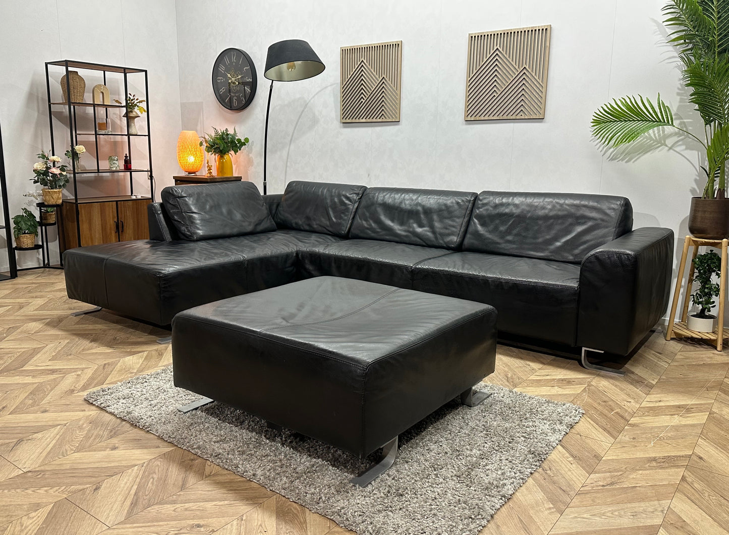 Zwarte Echt Lederen Hoekbank Inc Hocker ~ Vaste Kussens